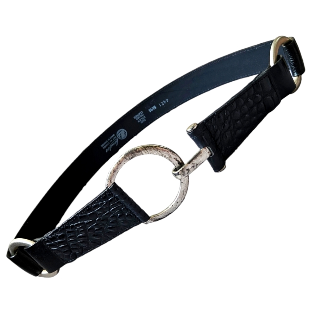 Landes black croc textured leather belt rustic silvery hook & eye buckle size M